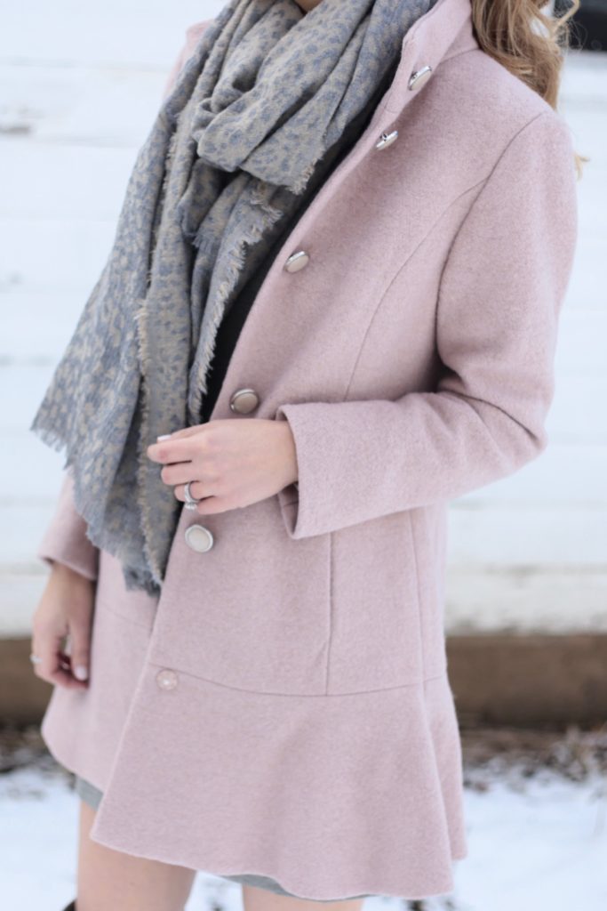 casual Winter dress under pink peplum coat with gray leopard scarf