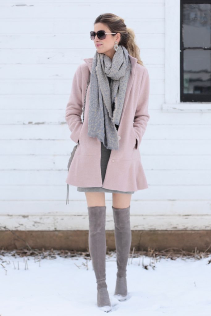 casual Winter dress with peplum swing coat and over the knee boots