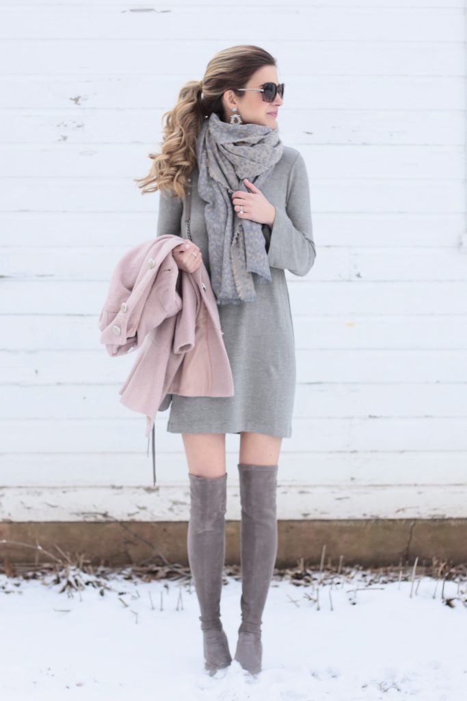casual winter dress - cotton dress paired with over the knee boots