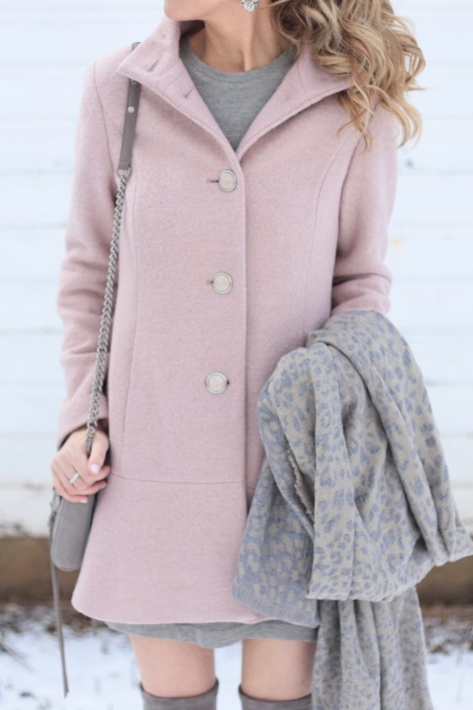 casual winter dress under blush peplum swing coat