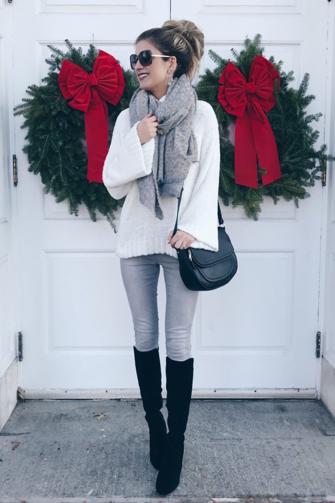 holiday outfits with leggings - casual holiday outfit with denim leggings and knee high boots