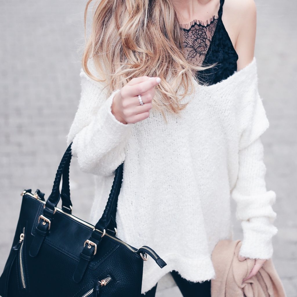 holiday outfits with leggings - oversized free people white sweater and blank sole society satchel on pinterestingplans