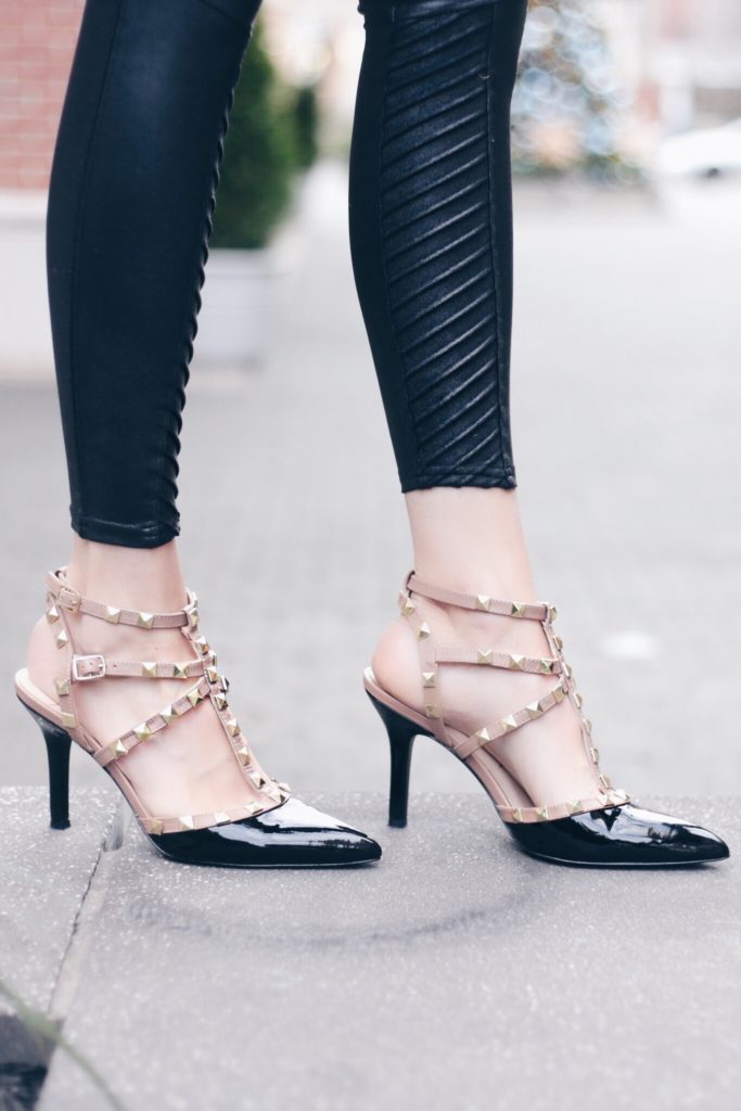 holiday outfits with leggings - valentino rockstud dupes by sole society with faux leather leggings