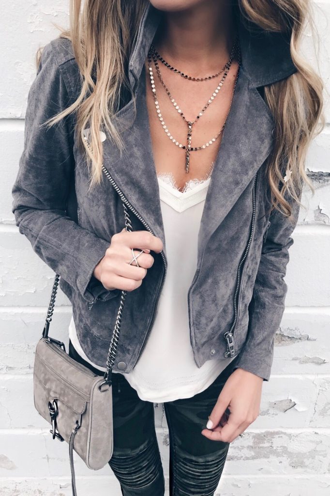 top outfits of 2017 - suede moto jacket over lace trim cami and layered necklace on pinterestingplans