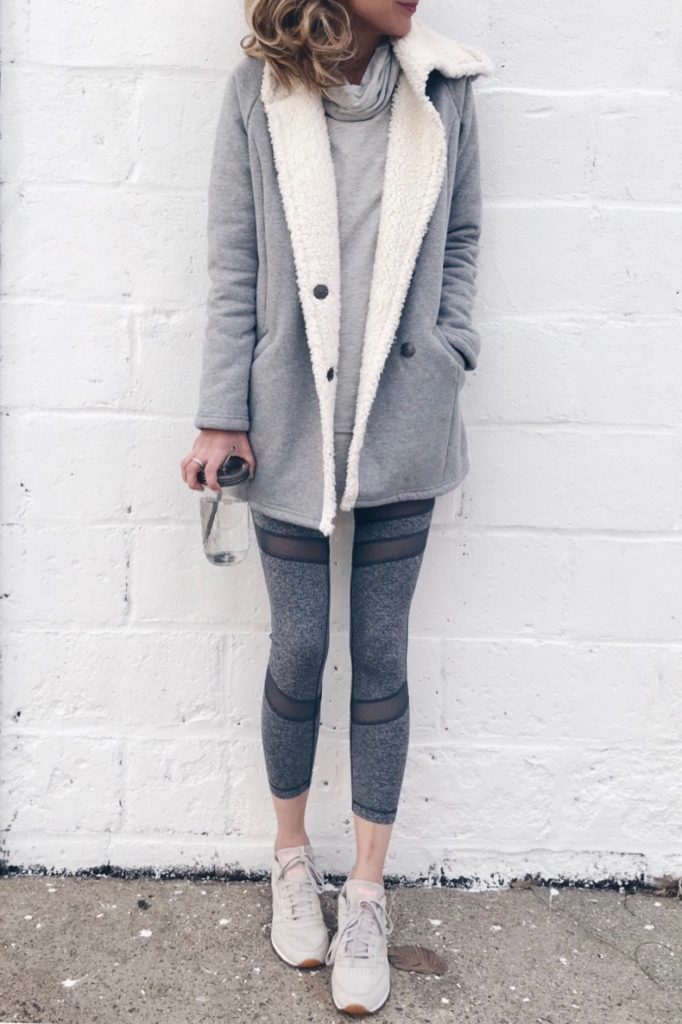 winter fashion trends 2018 - casual sherpa lined coat with workout leggings on pinterestingplans