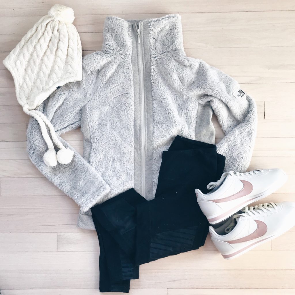  winter fashion trends 2018 - retro nike sneakers with north face fleece jacket - women's athleisure outfit