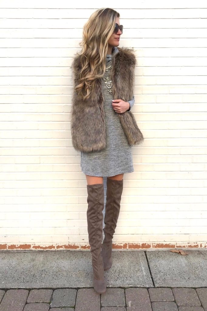 winter outfits 2017 - gray sweater dress with fur vest and over the knee boots on pinterestingplans