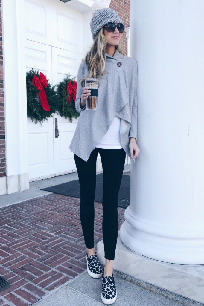 winter outfits 2017 - gray wrap cardigan and leggings with leopard sneakers on pinterestingplans