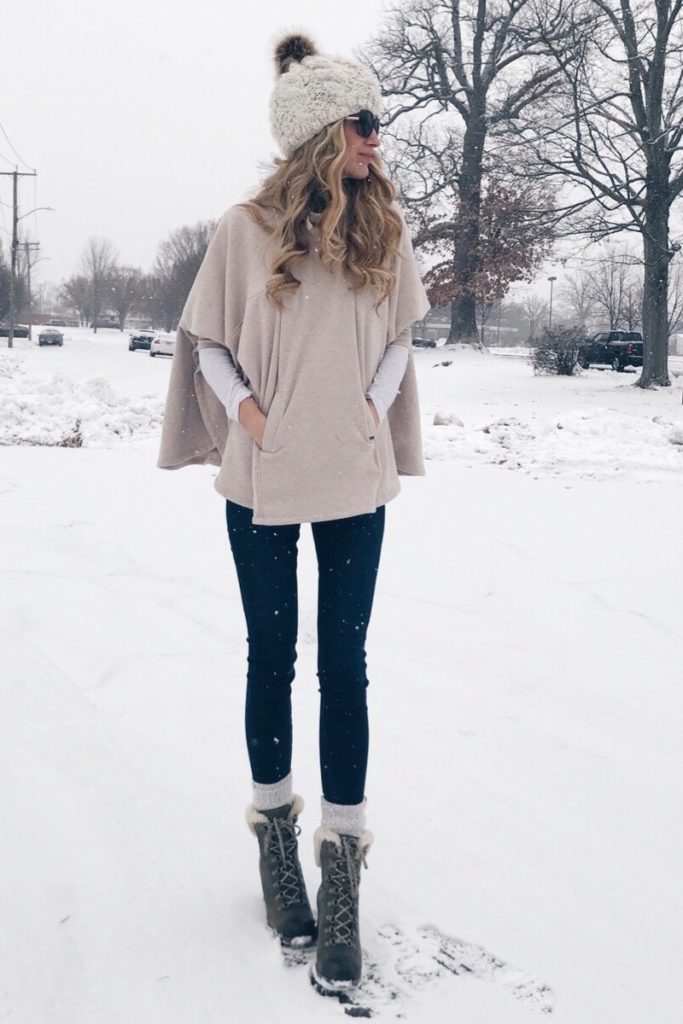 women's fleece pullover poncho with wedge snow boots and skinny jeans as seens on connecticut lifestyle blogger rachel moore