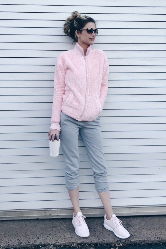 AFFORDABLE ATHLEISURE! Pink sherpa jacket and joggers on pinterestingplans blog
