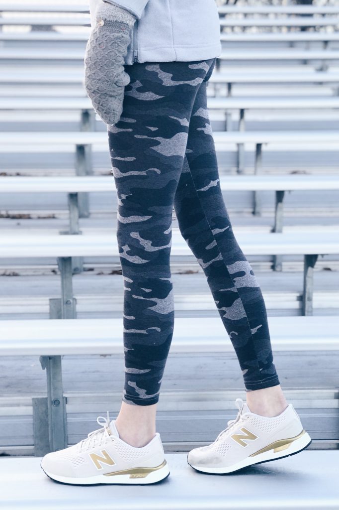 affordable athleisure - $10 camo leggings and gold new balance sneakers on connecticut lifestyle blogger rachel moore