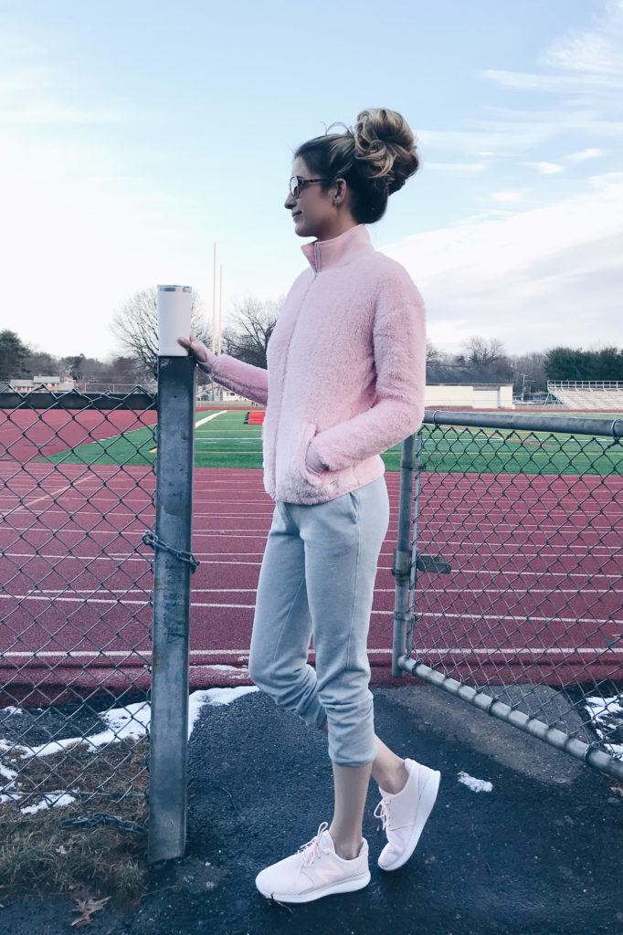 affordable athleisure outfits - pink sherpa jacket and joggers with rachel moore connecitcut lifestyle blogger