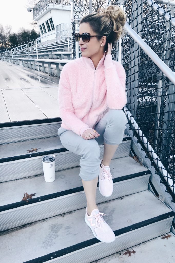 affordable athleisure - pink sherpa jacket and sneakers on pinterestingplans connecticut lifestyle blogger