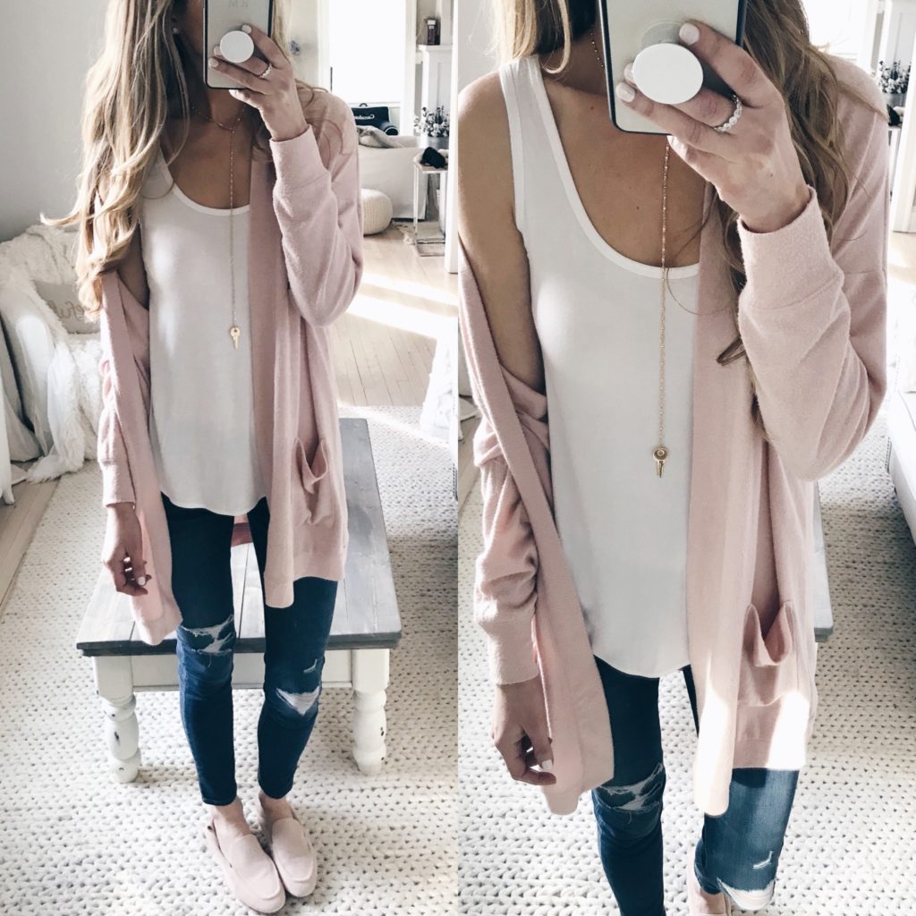 spring outfit - affordable white tank under long pink cardigan with skinny jeans and pink mules