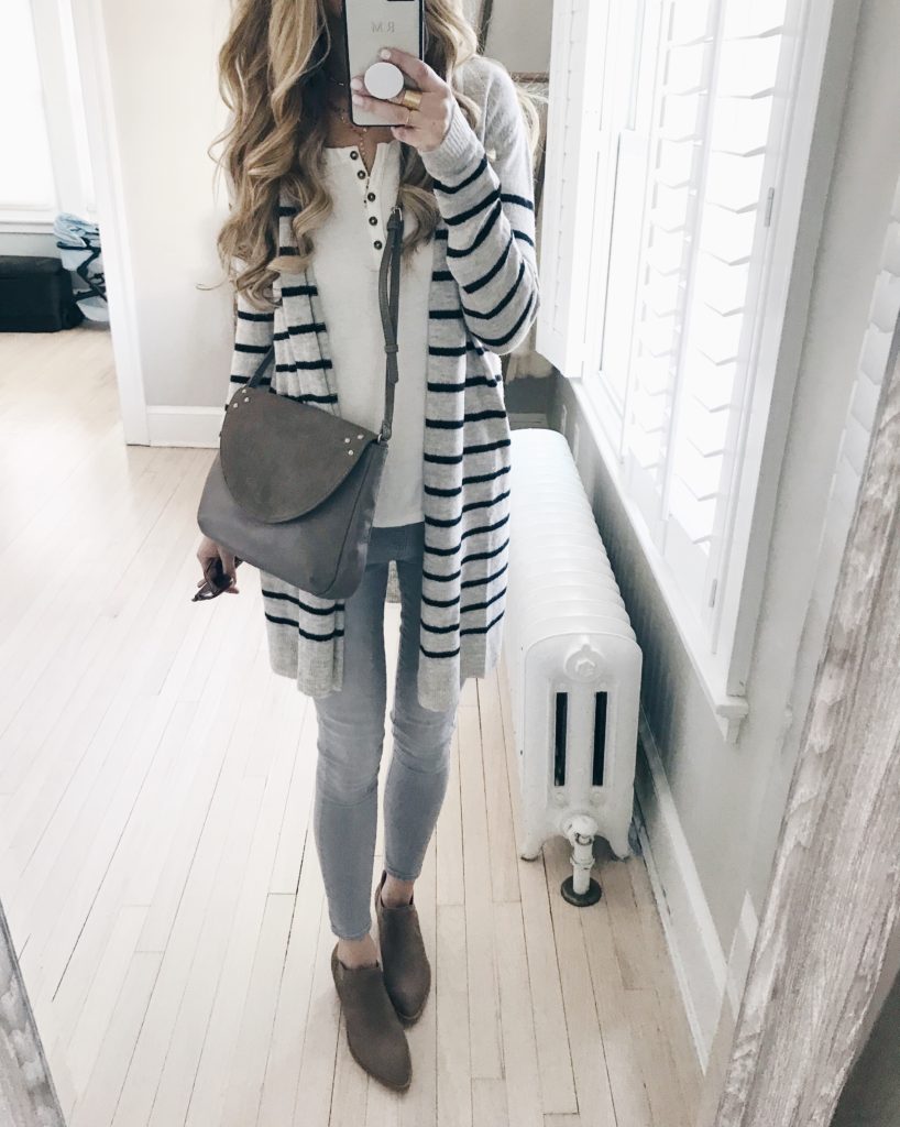 weekly wrap up 1/26/18 - Spring outfit - long striped cardigan and skinny jeans on pinterestingplans blog