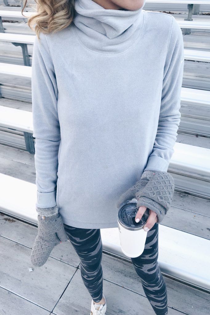 where to find affordable athleisure outfits - fleece funnel neck top and camo leggings