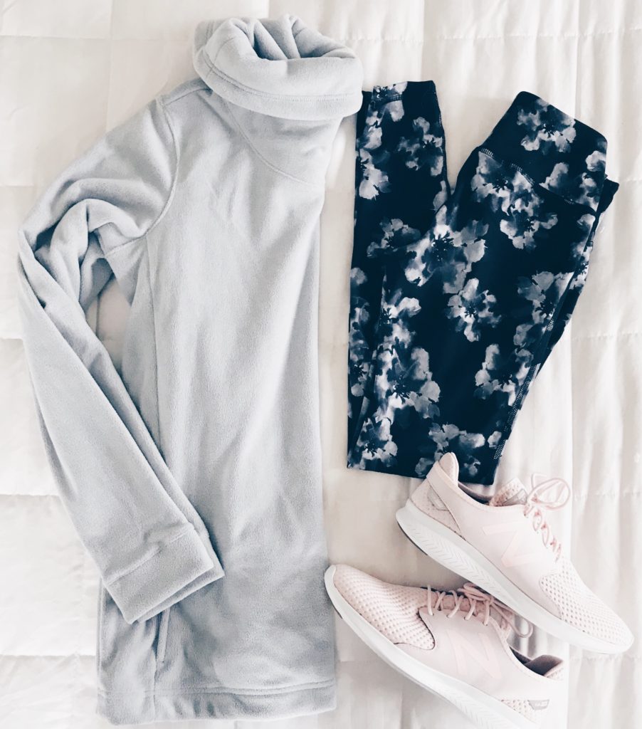  winter outfit flatlays - athleisure outfit with floral leggings and pink sneakers on connecticut lifestyle blog pinterestingplans