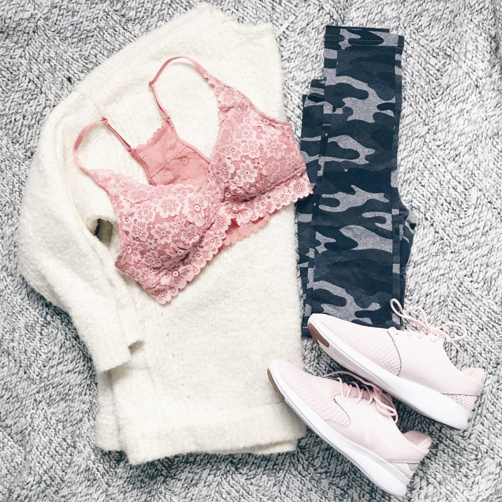winter outfit flatlays - camo leggings and padded lace bralette athleisure outfit
