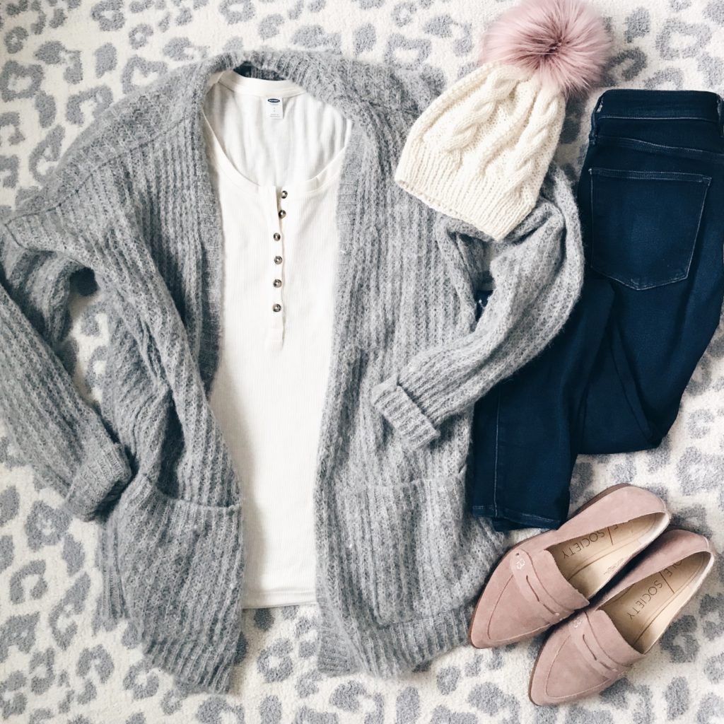 winter outfit flatlays - free people cardigan on sale and pink suede loafers by connecticut lifestyle blogger rachel moore