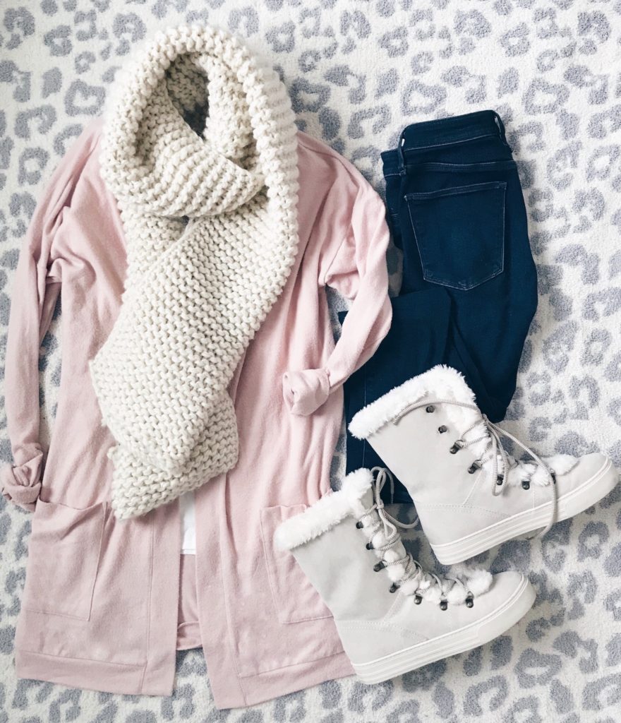 winter outfit flatlays on pinterestingplans - casual and cute winter outfits with white fur boots