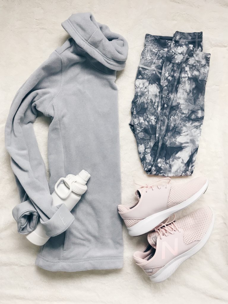 winter outfit flatlays - tie dye workout leggings and fleece funnel neck jacket with pink sneakers on pinterestingplans