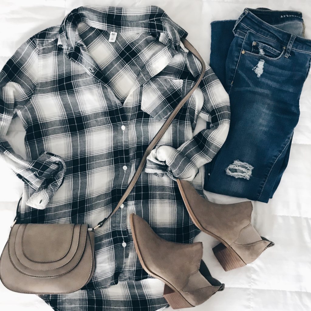 winter outfit flatlays - tunic plaid shirt with skinny jeans and booties on pinterestingplans connecticut lifestyle blog