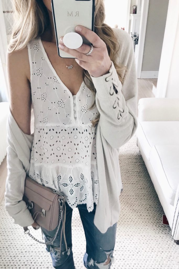 Transitional Spring Outfit- Eyelet top/ neutral cardigan