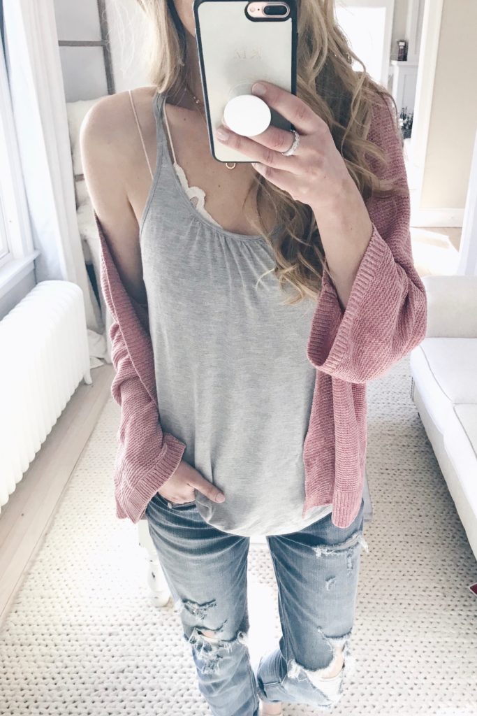 Transitional Spring Outfit- Pink Cardigan/ gray cami