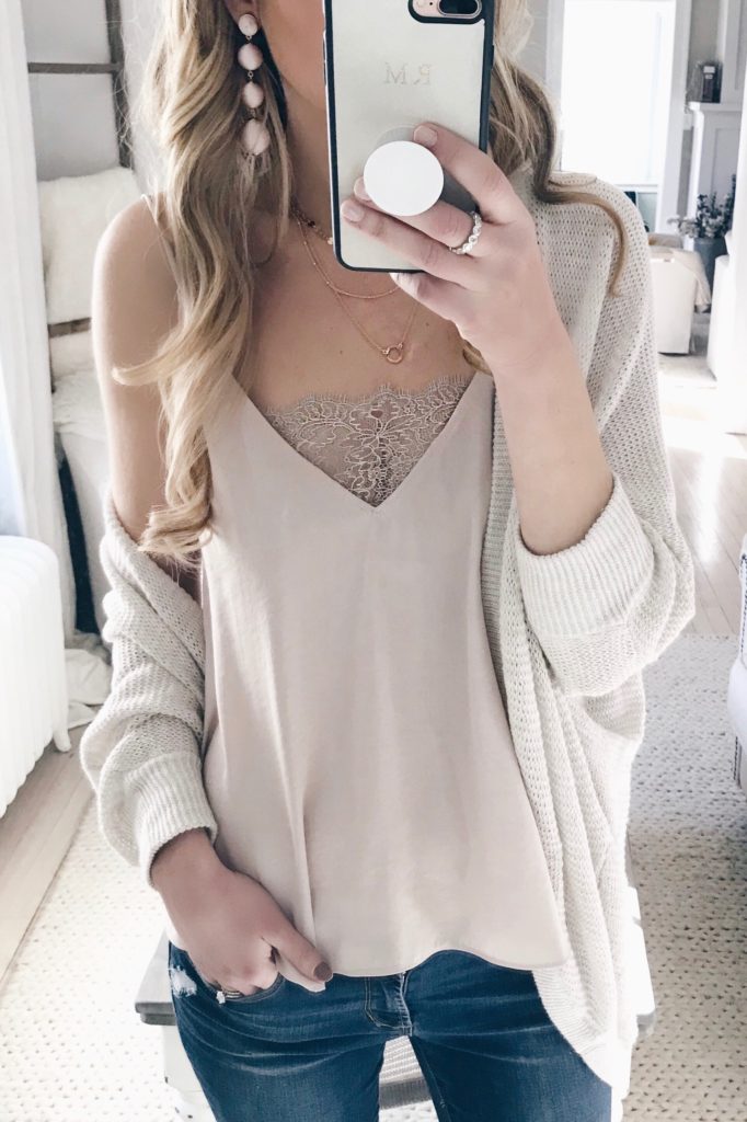 Transitional Spring Outfit- Taupe cami/ cardigan