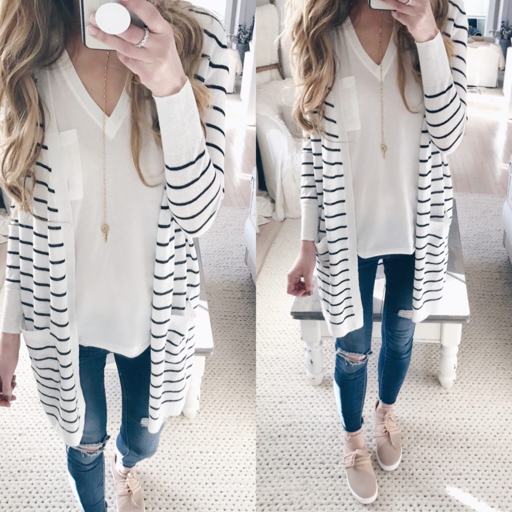 Transitional Spring Outfit--striped caridigan
