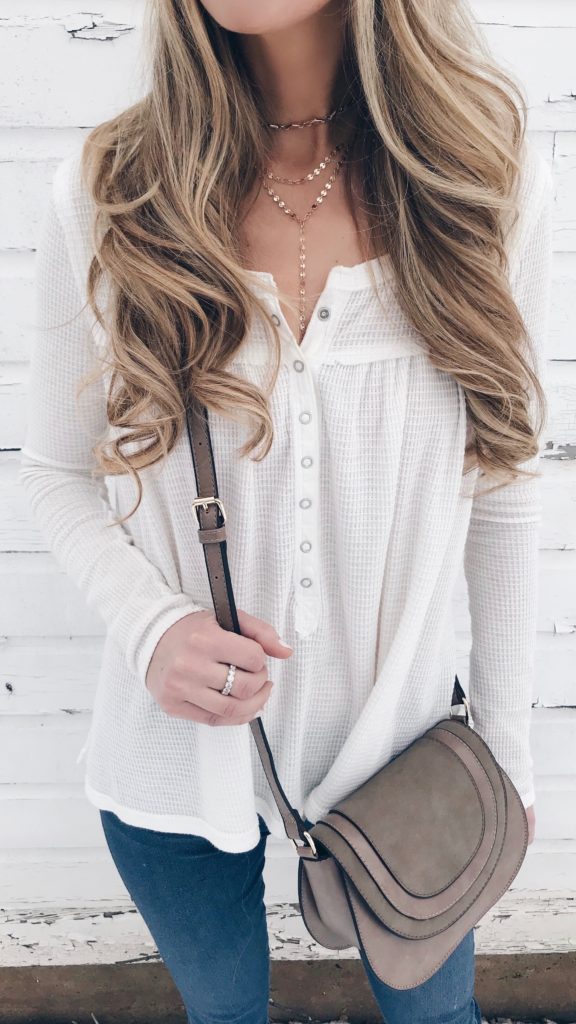 spring outfit - white thermal henley and crossbody bag on pinterestingplans connecticut lifestyle blog