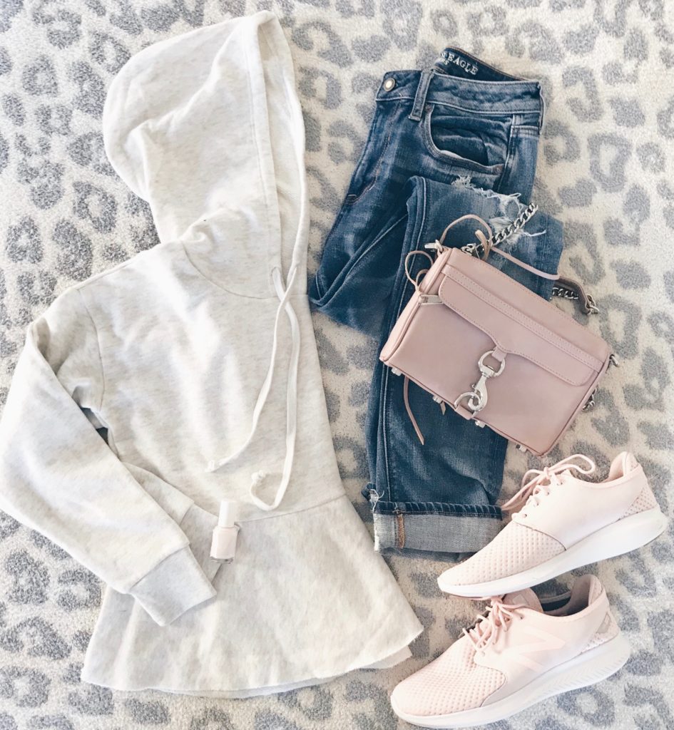 spring transition casual outfit - henley hoodie and skim boyfriends jean with pink sneakers on pinterestingplans fahsion blog