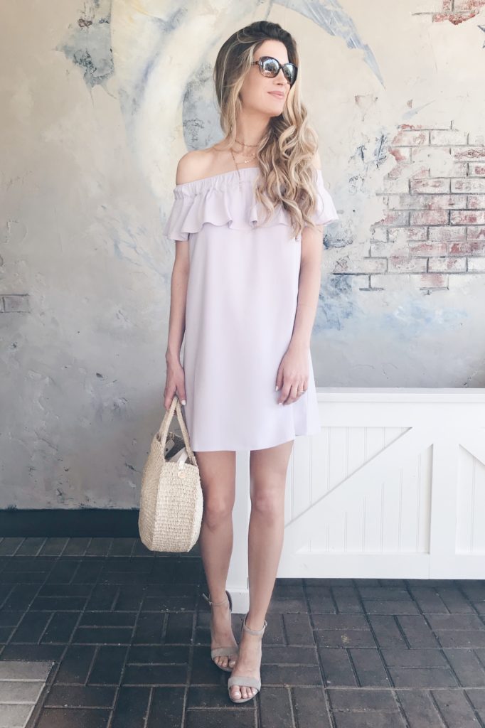 connecticut lifestyle blogger pinteresting plans shares tips for packing light and restyling a purple off the shoulder sundress
