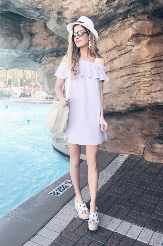 tips for packing light - pinteresting plans lifestyle blogger Rachel Moore in purple off the shoulder sundress with espadrille wedge sandals