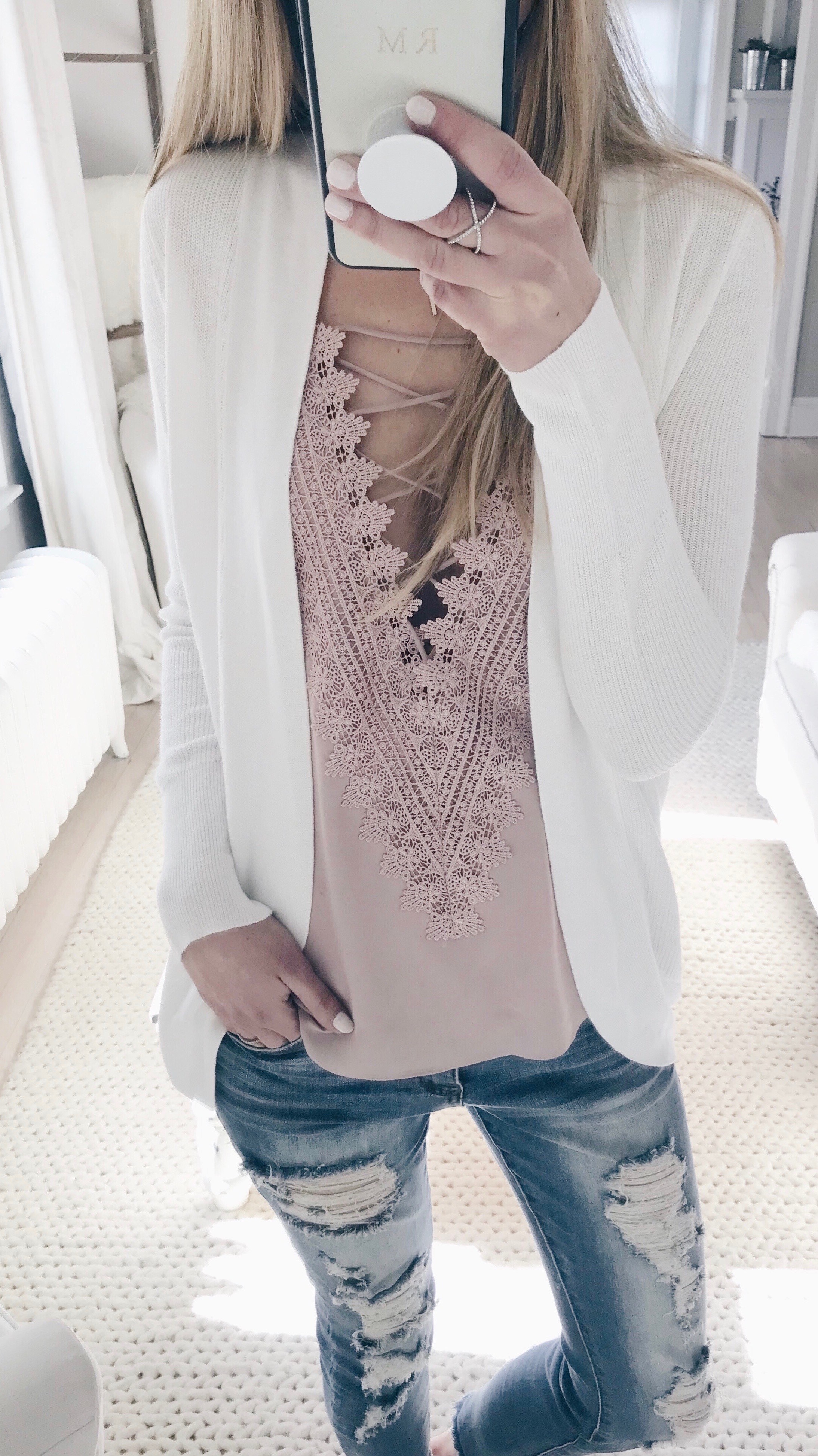 7 Spring Cardigans to add to your closet - white circle cardigan over lace up camisole on pinteresting plans connecticut fashion blog