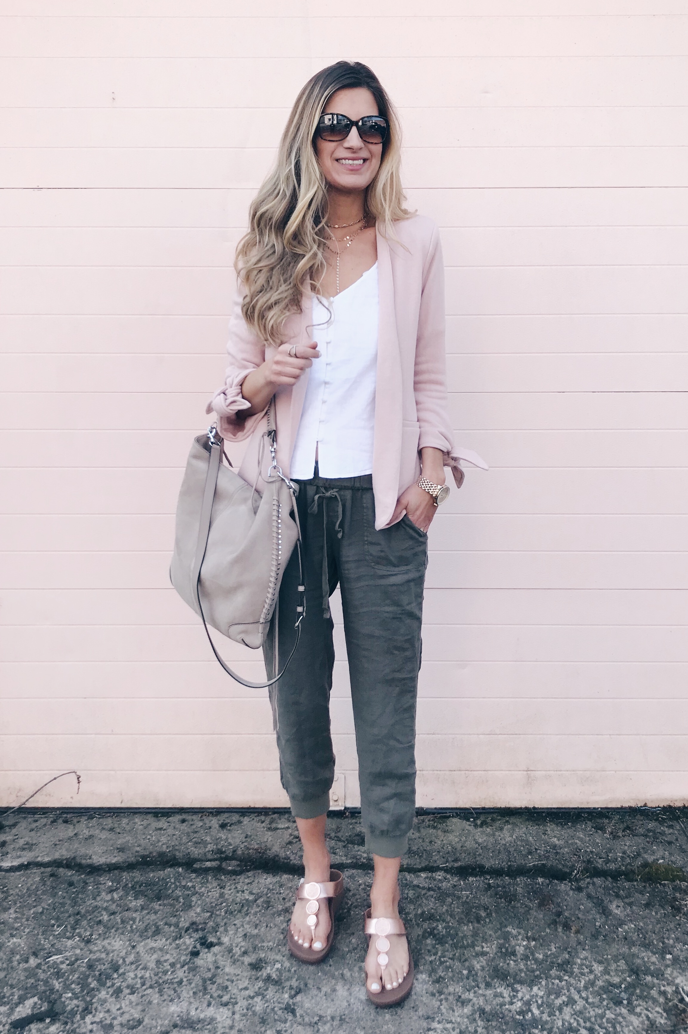 spring capsule wardrobe 2018 - linen joggers outfit with casual blazer on pinteresting plans connecticut fashion blog