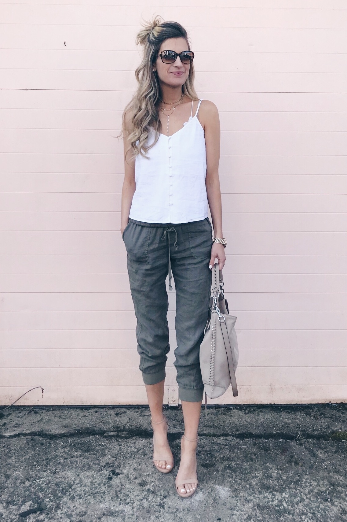 Spring capsule wardrobe 2018 - linen joggers outfit with heels on pinteresting plans connecticut fashion blog