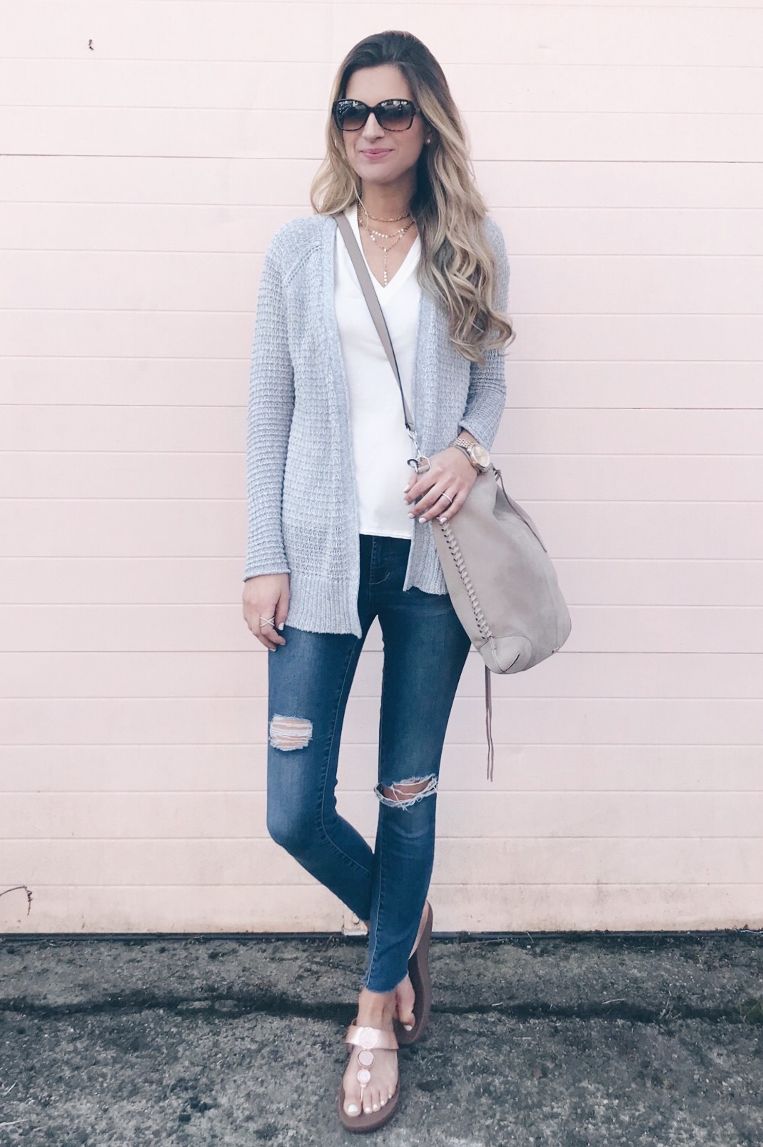 spring capsule wardrobe 2018 - casual spring outfit with skinny jeans and a blue knit cardigan over a white tee shirt on pinteresting plans connecticut fashion blog