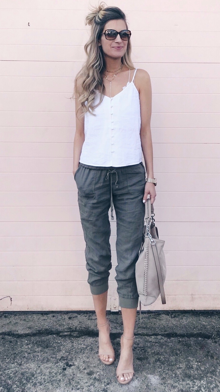 Spring date night outfit - casual joggers dressed up with heels on pinteresting plans fashion blog