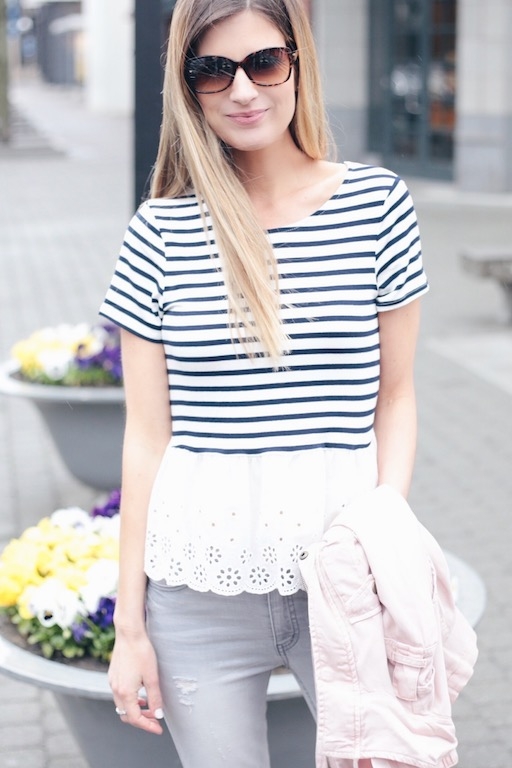 Spring outfit and Mother's day makeover on pinteresting plans fashion blog - striped peplum eyelet hem tee