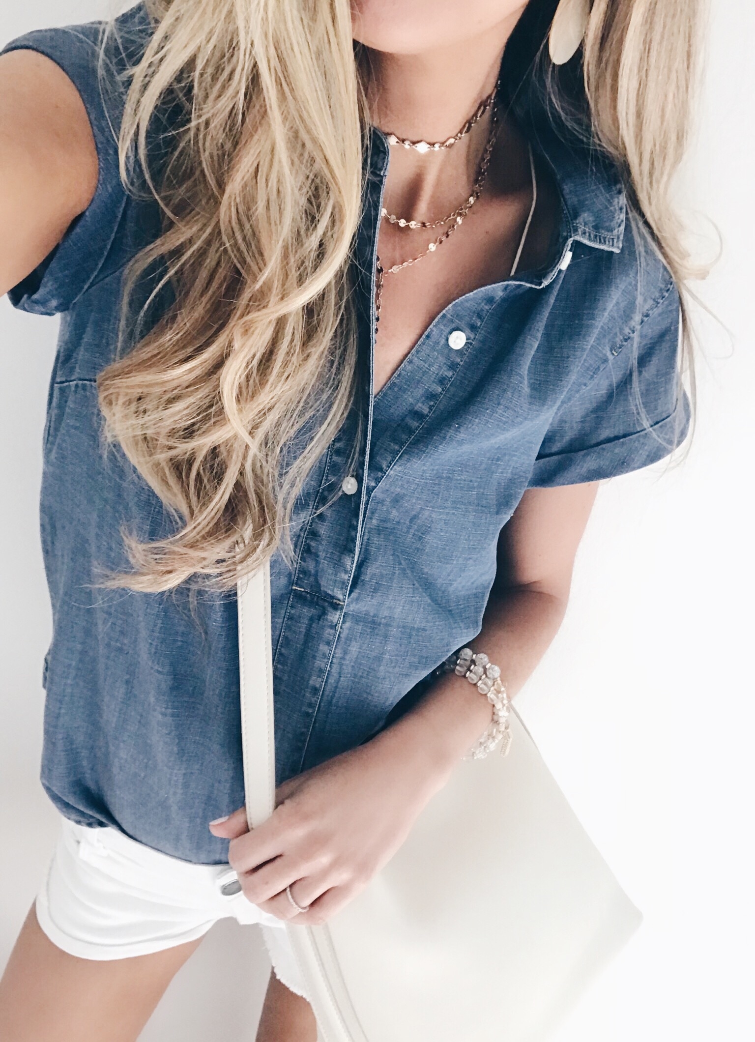 connecticut fashion blogger rachel moore in chambray top and denim shorts