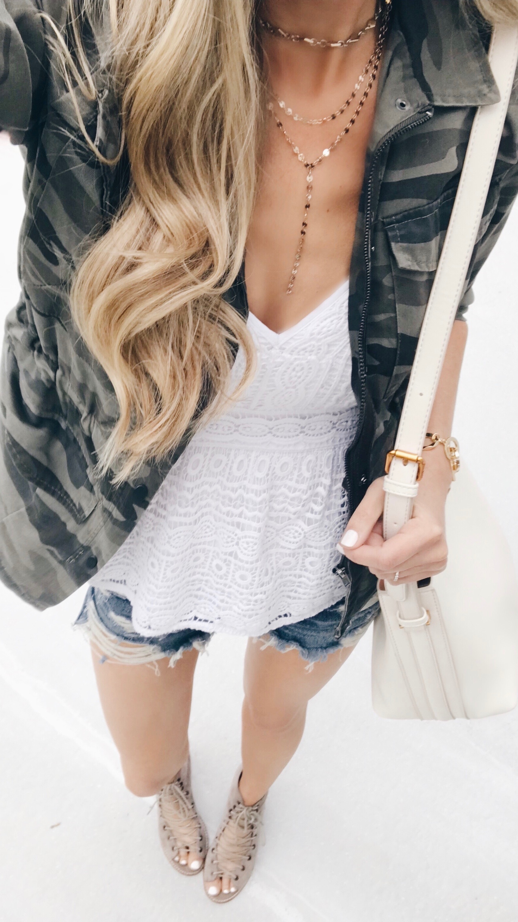 Early Summer Outfits - Camo Jacket/Jean shorts