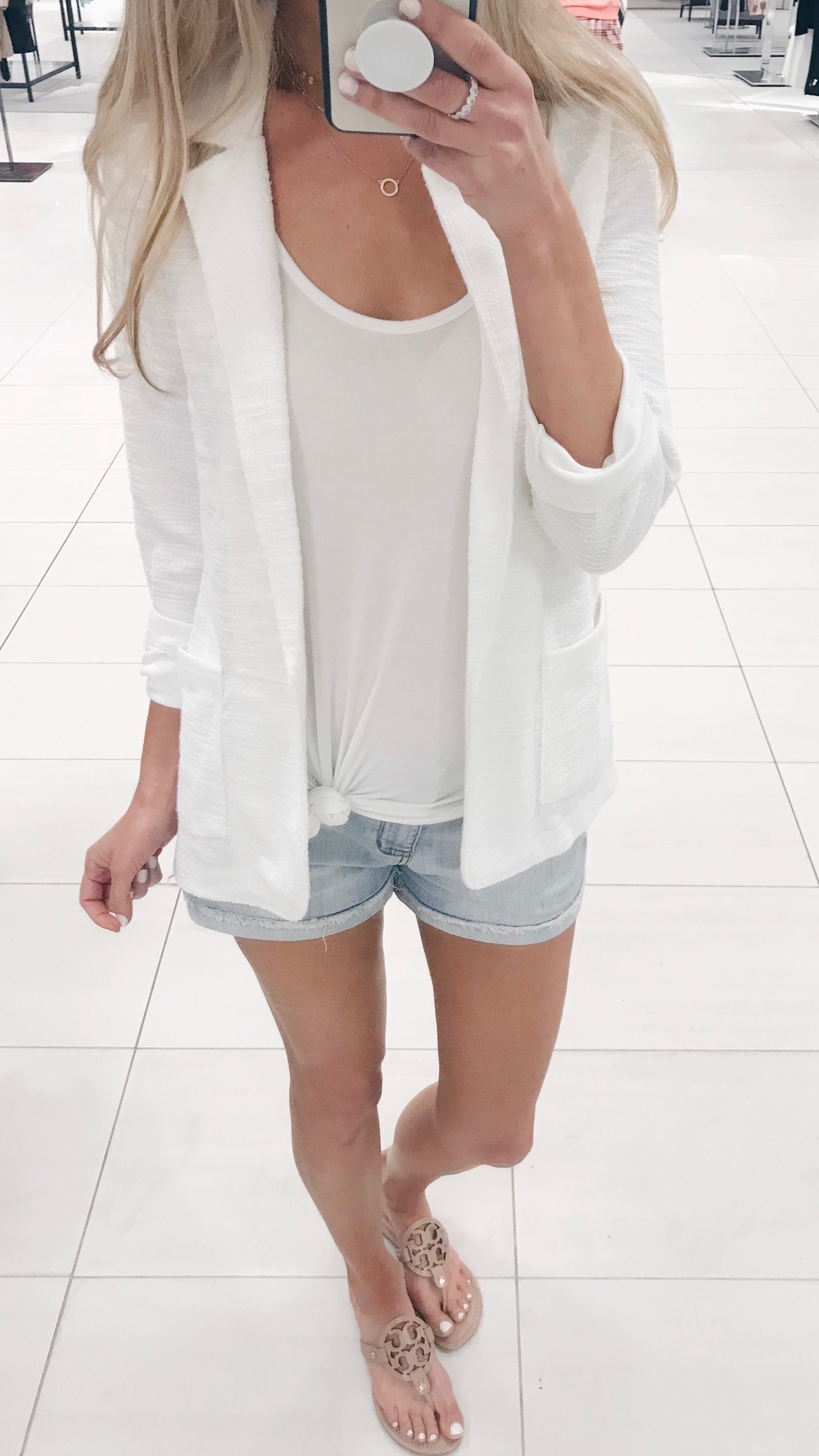 Early Summer Outfits - White Blazer/Tory Burch Sandals