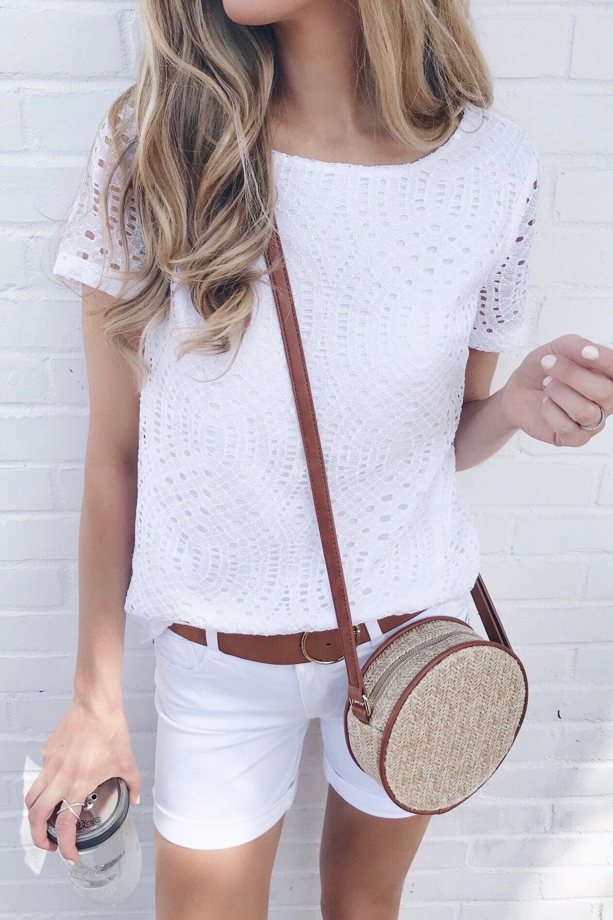 women's belts make any outfit more polished - white lace tee with white denim shorts on pinteresting plans blog