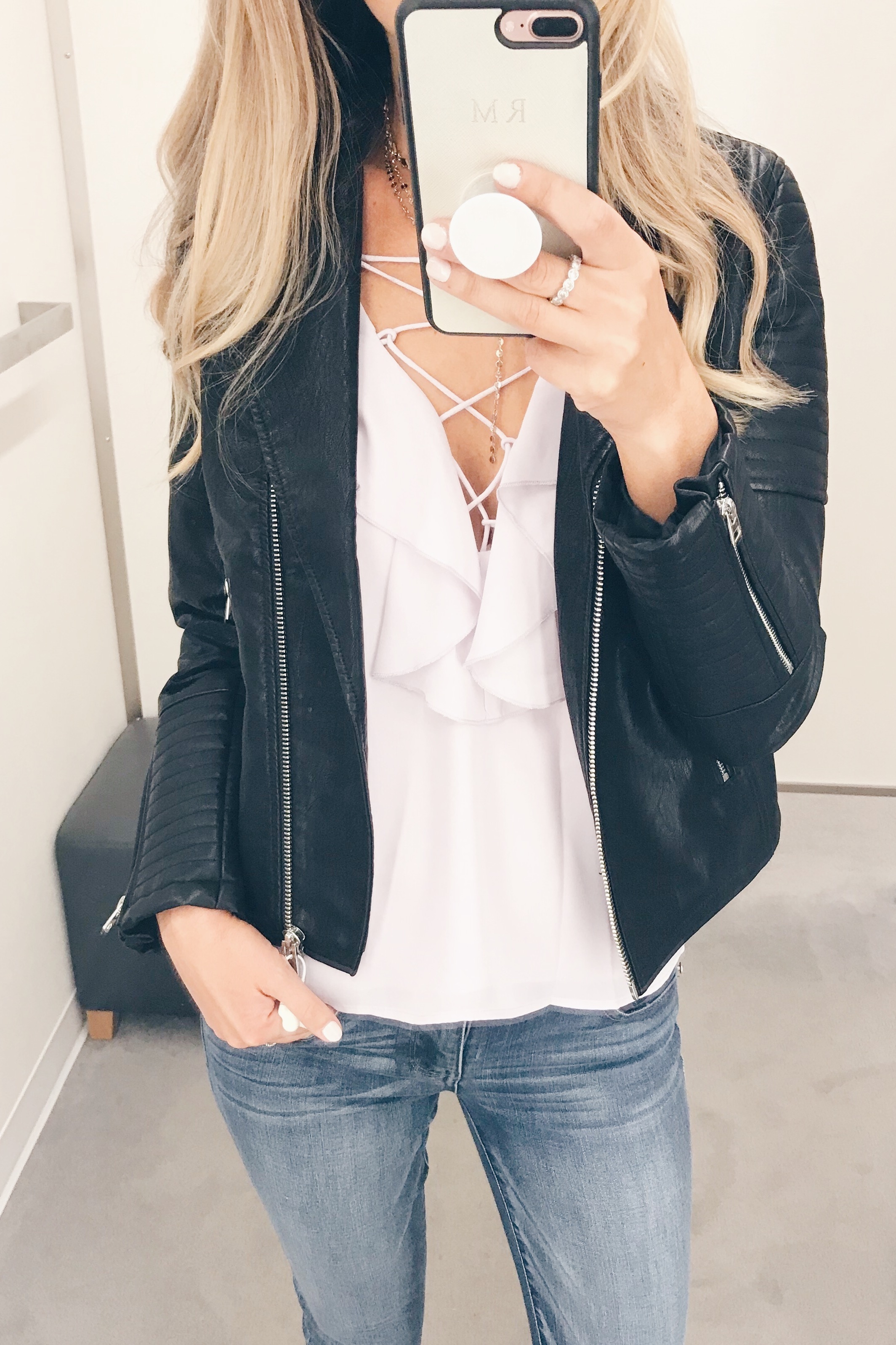 Nordstrom Anniversary Sale 2018 Dressing Room Outfits - Moto Jacket/ Tie Up Top