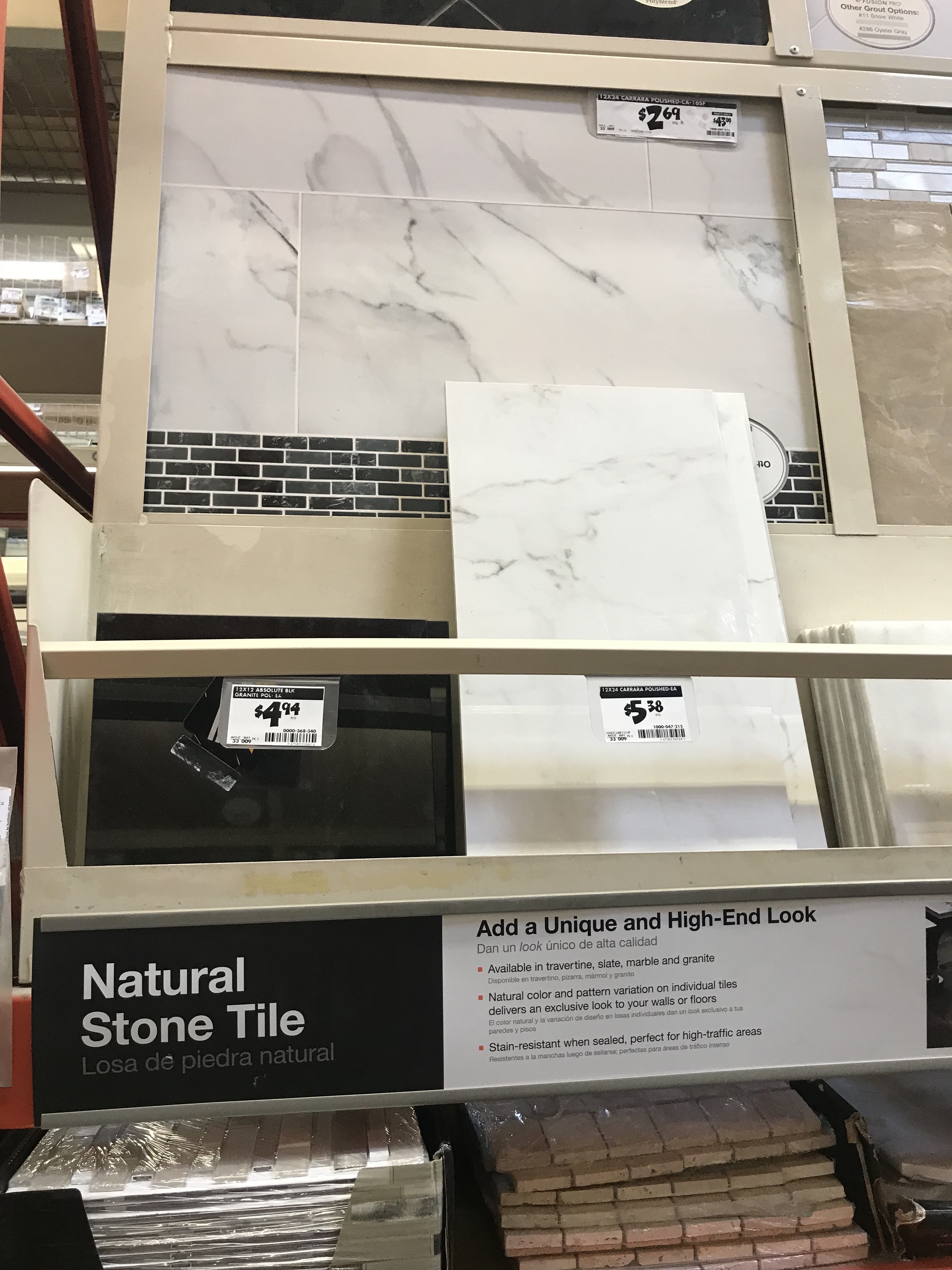 small full bathroom inspiration - marble tile alternatives at Home Depot