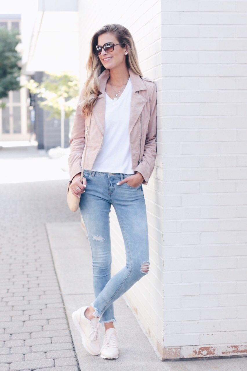 Transitional Fall Neutrals Casual Moto Jacket Outfit