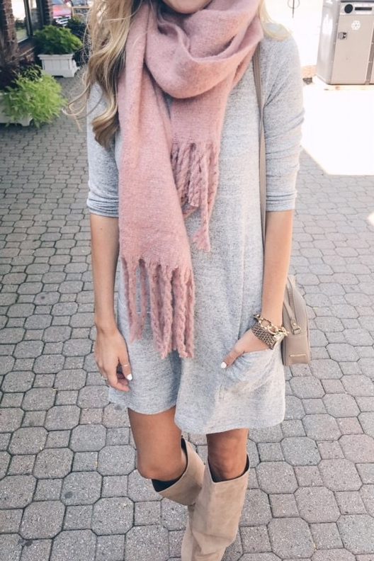 How to Wear Pinks for Fall | Dress with Scarf