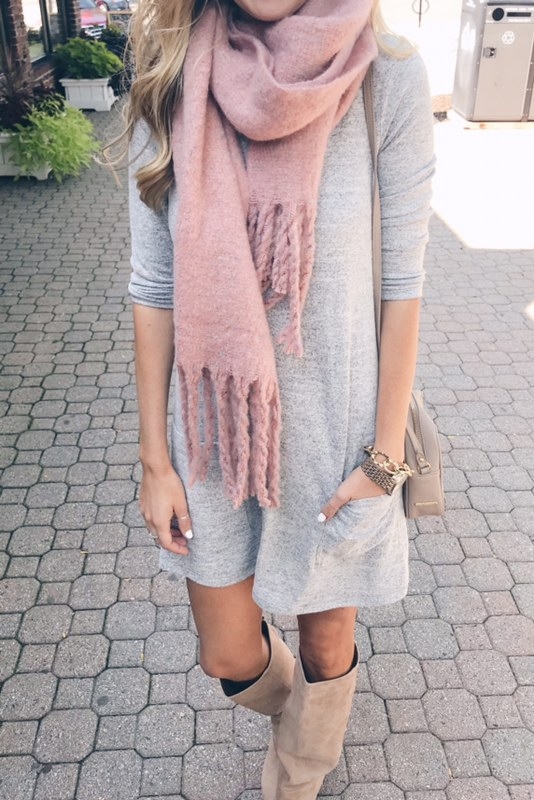 pink scarf over gray shift dress and labor day weekend sale round up on Pinteresting plans fashion blog