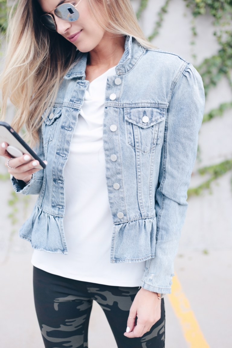 Peplum Denim Jacket for Date Night Outfit - How to Style Camo Leggings for Fall.